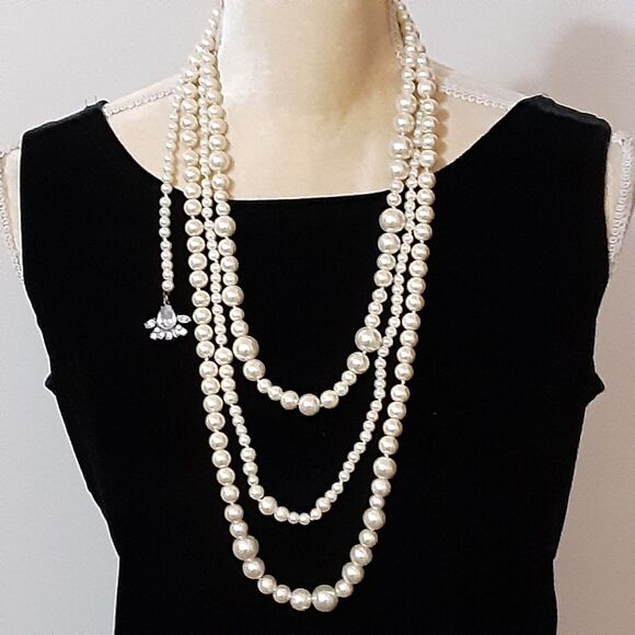 J Crew luminous 3 strand faux pearl 32" necklace cascading strand down back - Picture 4 of 9